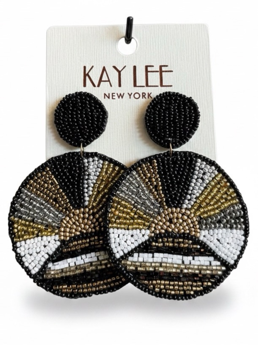 KAY LEE Black, Gold & Silver Beaded Disc Drop Earrings